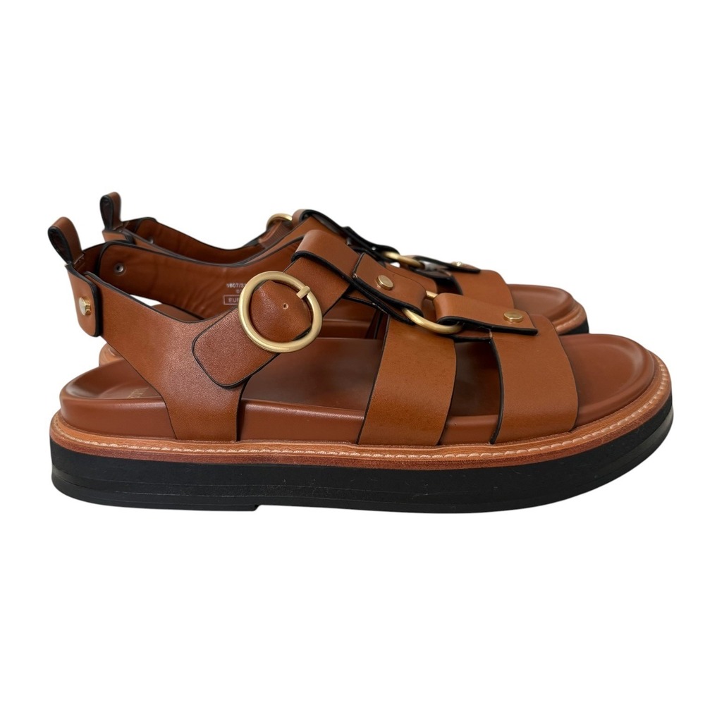 Zara Womens Brown Leather Platform Strappy Gladiator Sandals Gold Buckle Size 41 - Picture 4 of 8